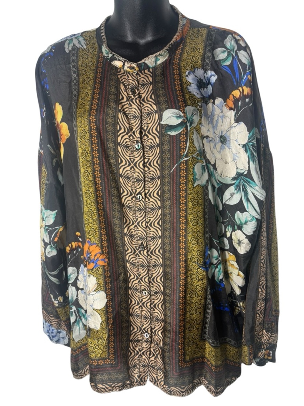 Johnny was womens xl 100% silk blouse animal print floral dopamine maximalist